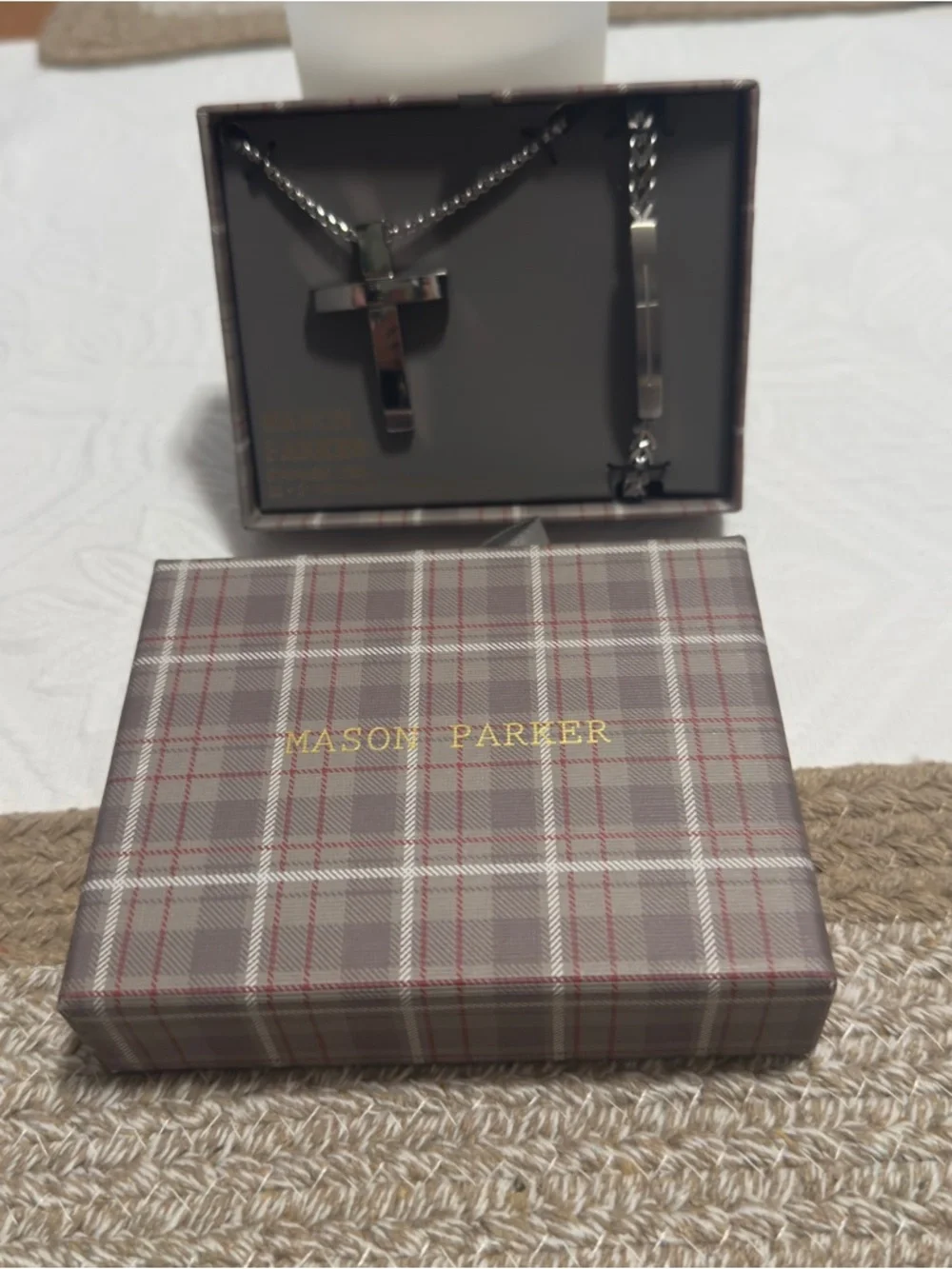 NEW Mason Parker Stainless Steel Men’s Cross Necklace & Bracelet Set